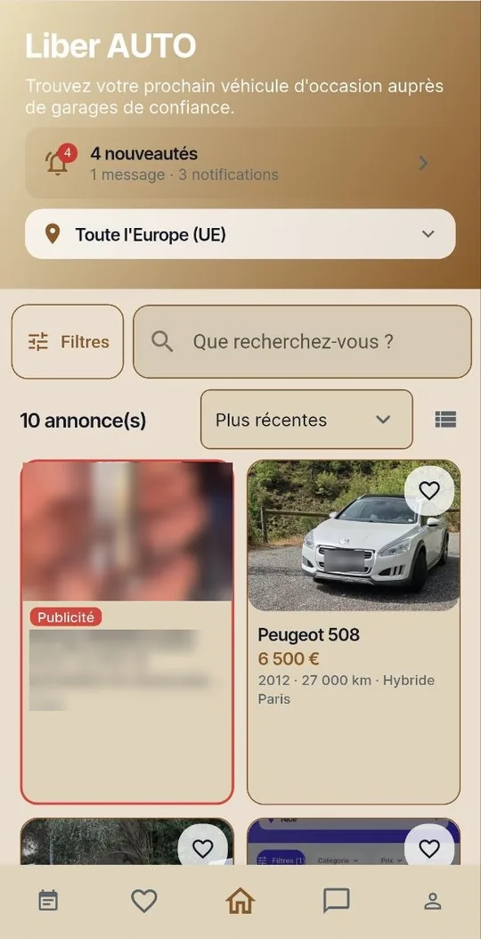 Écran d'accueil : recherche dans toute l'Europe, filtres et annonces (publicité et plaque floutées)