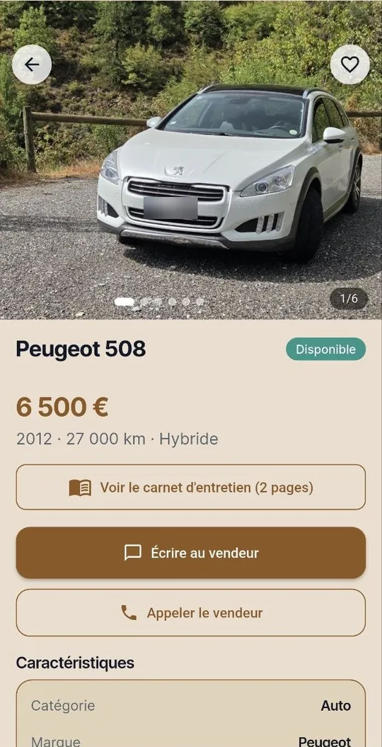 Écran d'une annonce : photos, prix, carnet d'entretien, écrire ou appeler le vendeur (plaque floutée)