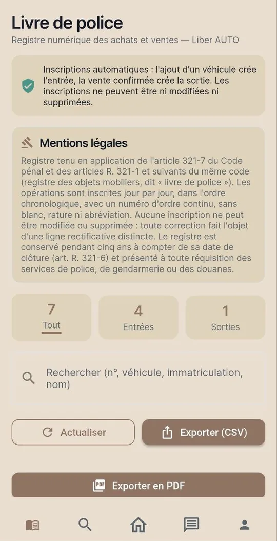Écran Livre de police : inscriptions automatiques et non modifiables, exports CSV et PDF